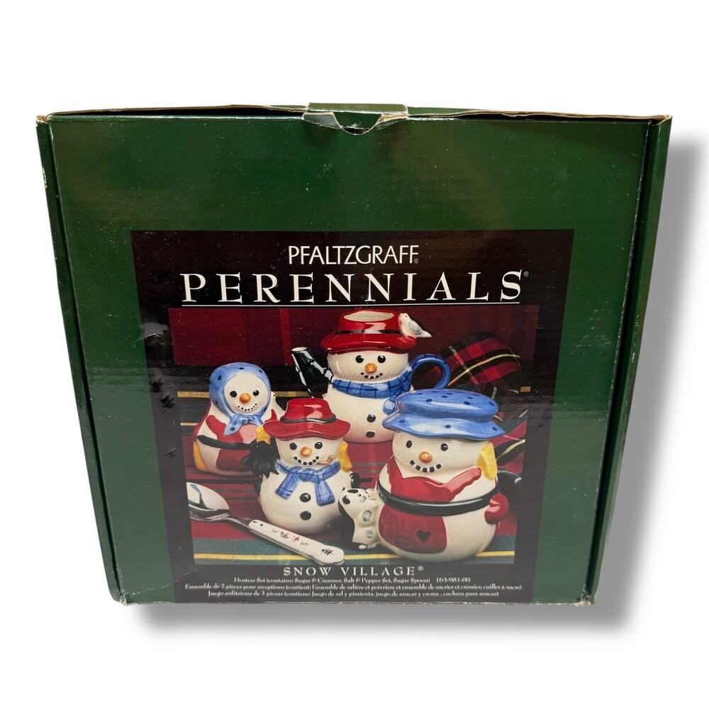 Pfaltzgraff Perennials‎ Snow Village Hostess Set Cream Sugar Salt Pepper Spoon